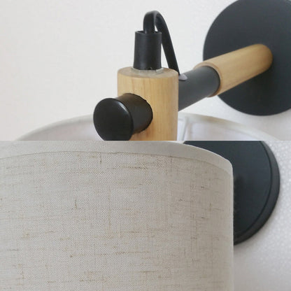 Rynx | Fabric Cylindrical Wall Light Modernist 1 Light Bedroom Wall Mounted Light with Wood Connection in Black/White