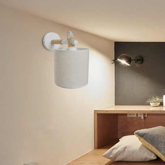 Rynx | Fabric Cylindrical Wall Light Modernist 1 Light Bedroom Wall Mounted Light with Wood Connection in Black/White
