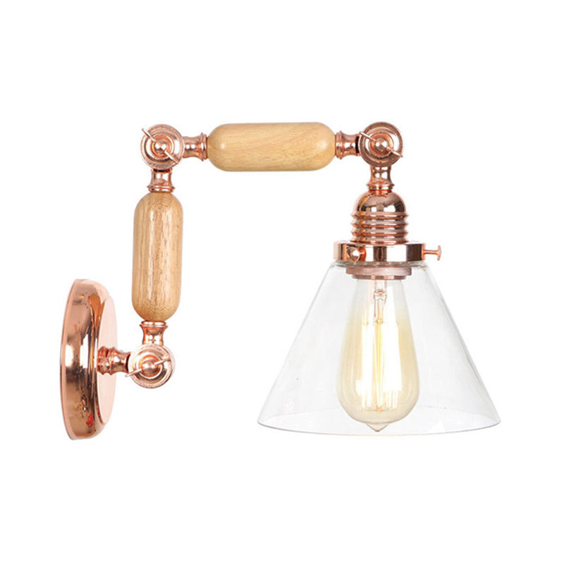 Rynx | Cone Shade Bedroom Wall Lamp Vintage Clear Glass 1 Light Wooden Wall Lamp with Long Arm