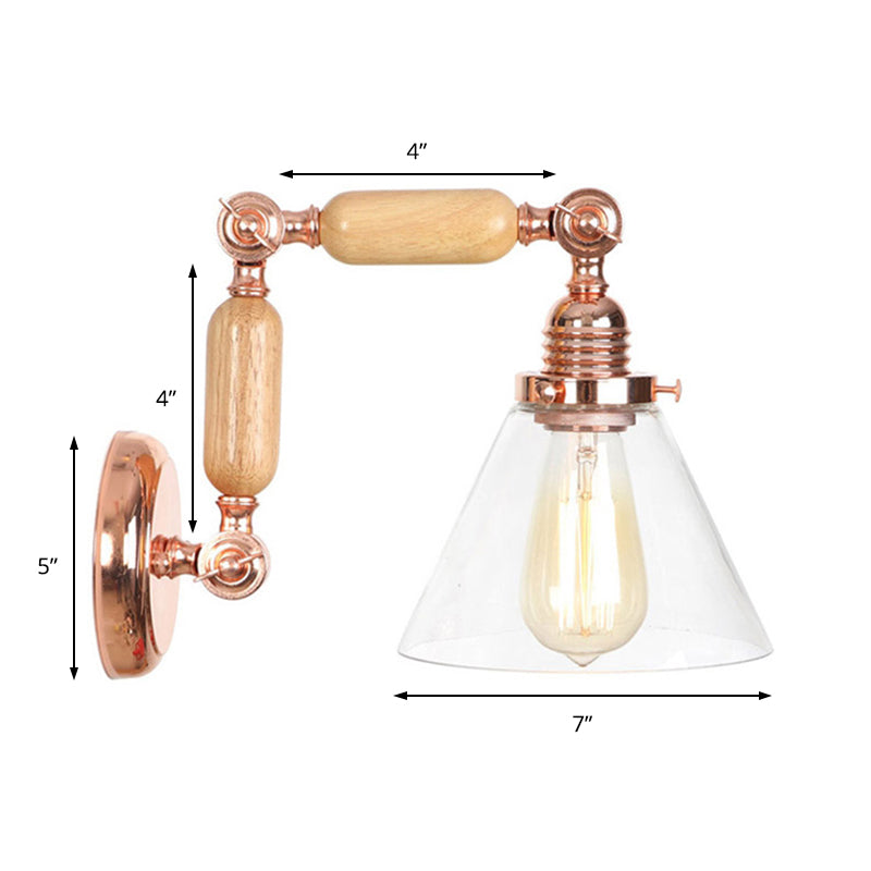 Rynx | Cone Shade Bedroom Wall Lamp Vintage Clear Glass 1 Light Wooden Wall Lamp with Long Arm