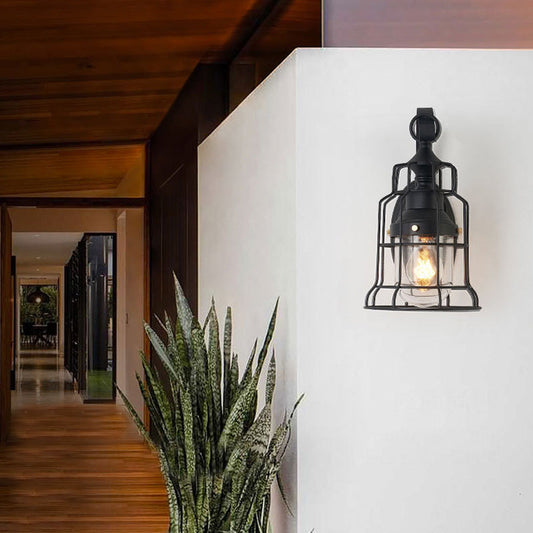 Rynx | 1 Light Bell Shade Wall Lamp Industrial Black Glass Wall Lamp for Corridor with Metal Cage Frame