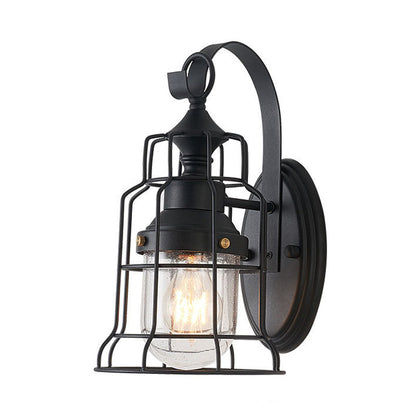 Rynx | 1 Light Bell Shade Wall Lamp Industrial Black Glass Wall Lamp for Corridor with Metal Cage Frame