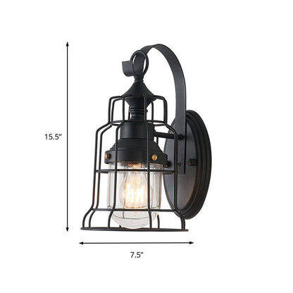 Rynx | 1 Light Bell Shade Wall Lamp Industrial Black Glass Wall Lamp for Corridor with Metal Cage Frame