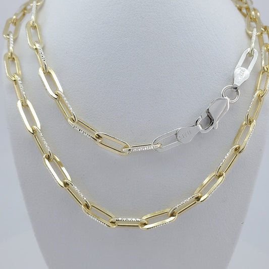 Rynx | 14k Gold Over 925 Sterling Silver 2 Tone Diamond Cut Paper Clips 3.5mm Extended Link Chain