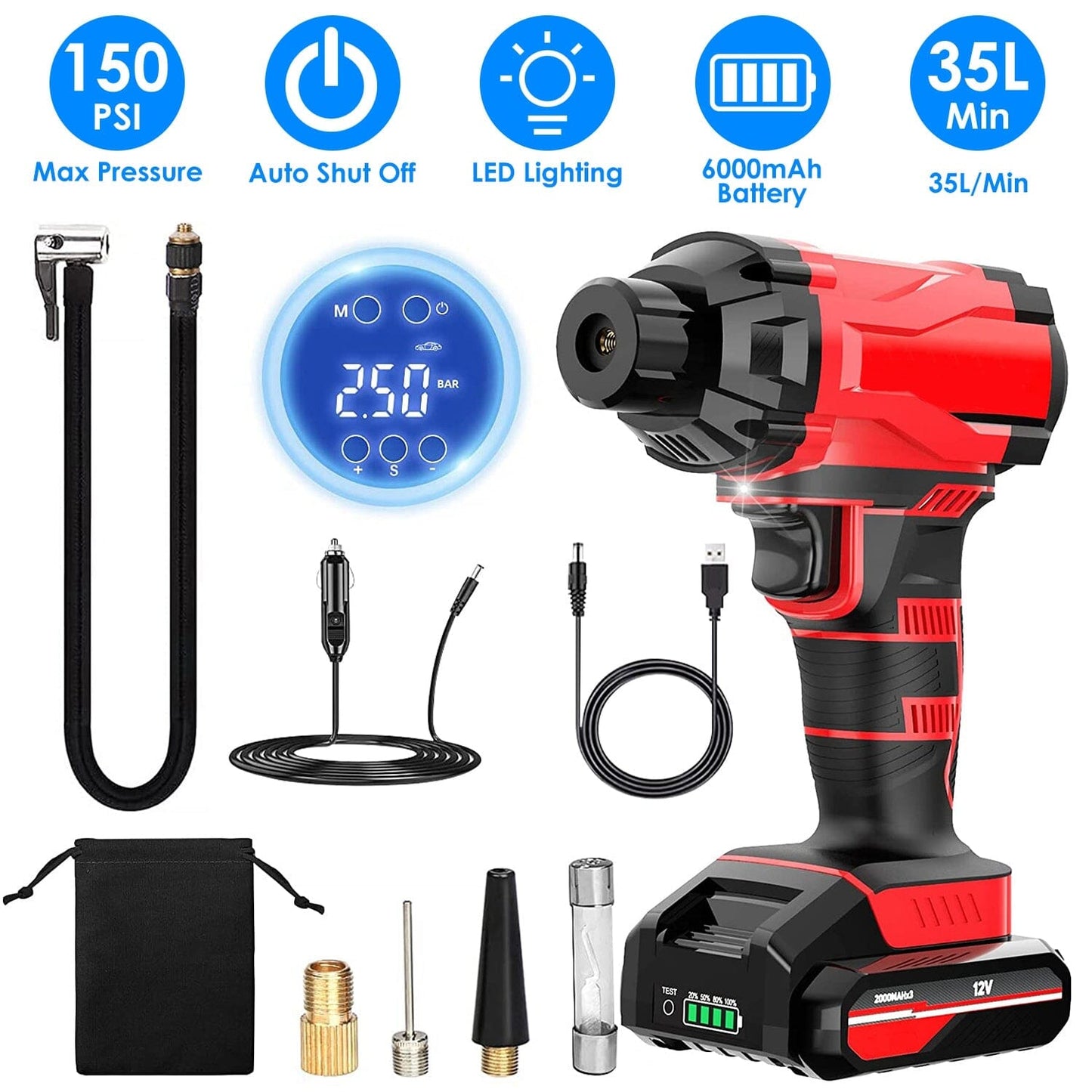 Rynx | 150 PSI 12V Portable Wireless Tire Pump 6000mAh Rechargeable with LED Light