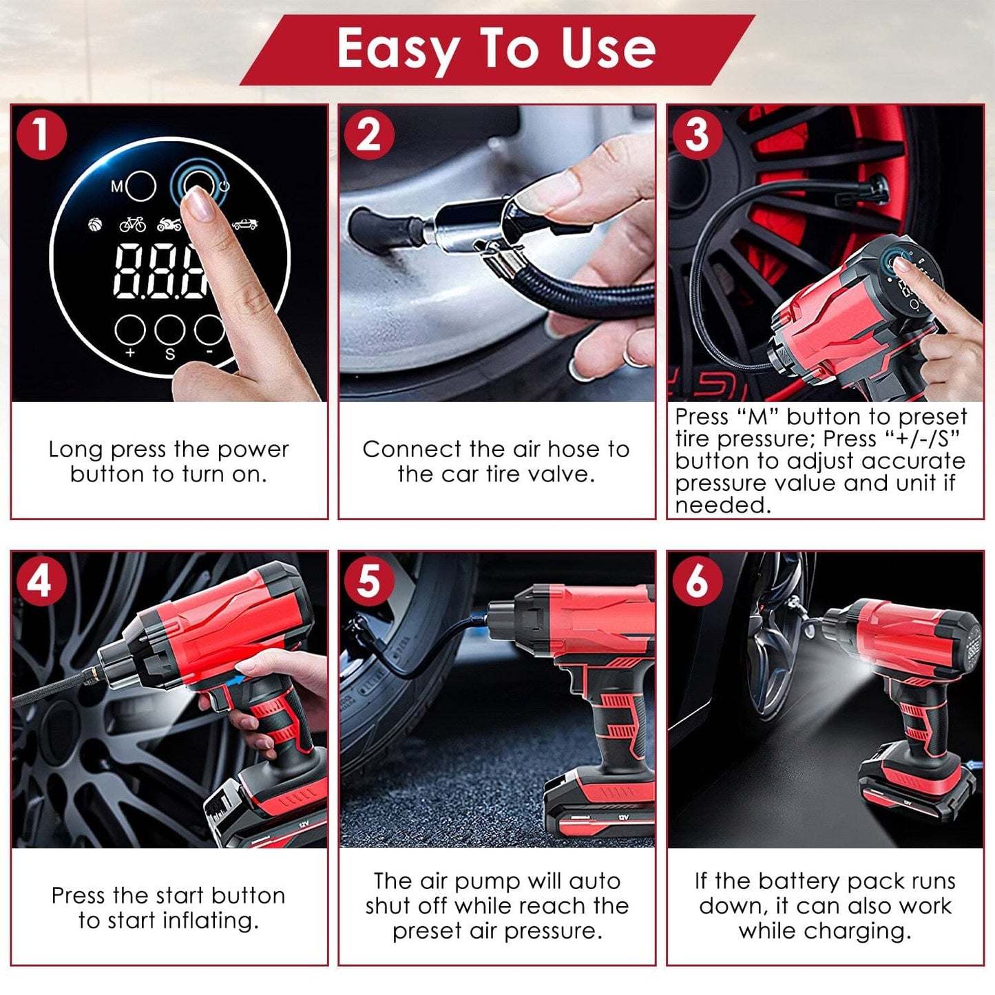 Rynx | 150 PSI 12V Portable Wireless Tire Pump 6000mAh Rechargeable with LED Light