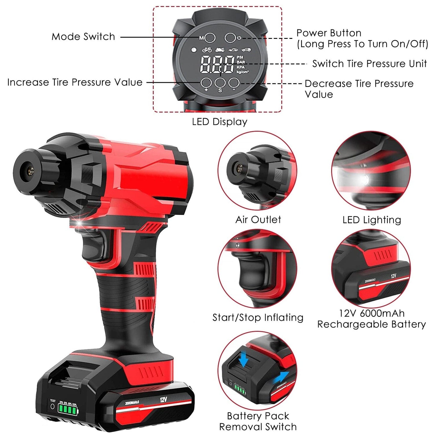 Rynx | 150 PSI 12V Portable Wireless Tire Pump 6000mAh Rechargeable with LED Light