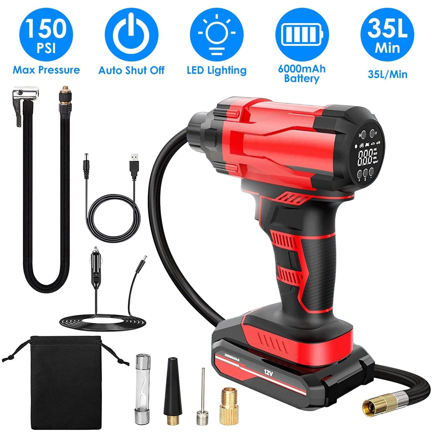 Rynx | 150 PSI 12V Portable Wireless Tire Pump 6000mAh Rechargeable with LED Light
