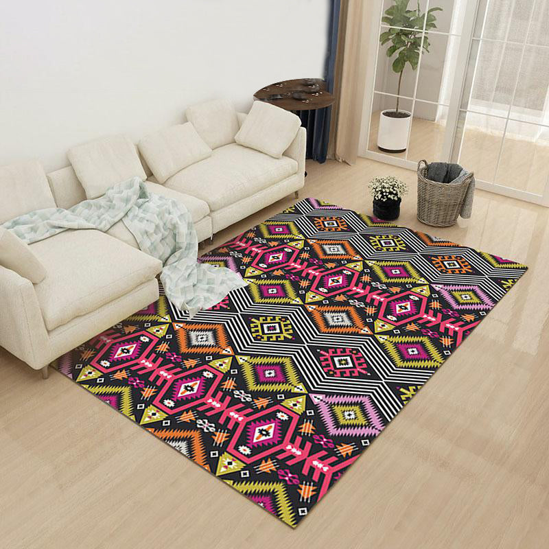 Rynx | Yellow Pink Ancestral Diamond Carpet with Tribal Symbols Polyester Washable Pet-Friendly Area Rug for Fireplace