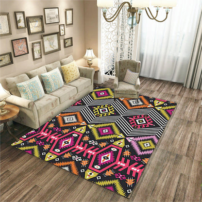 Rynx | Yellow Pink Ancestral Diamond Carpet with Tribal Symbols Polyester Washable Pet-Friendly Area Rug for Fireplace