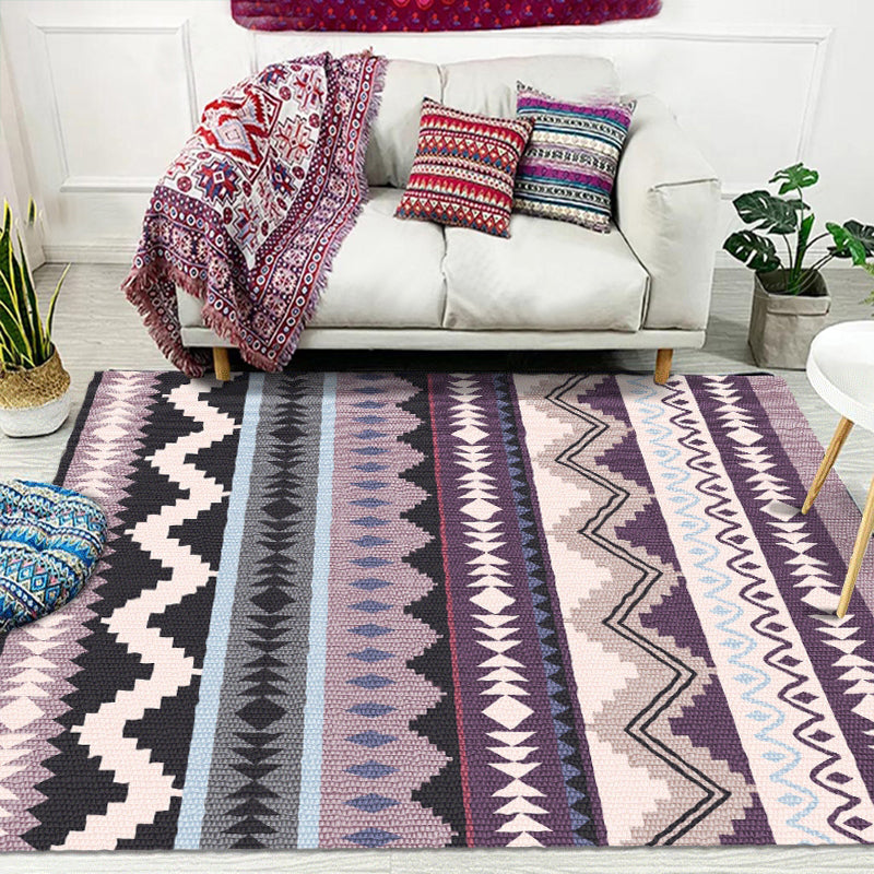 Rynx | Purple Striped Chevron Geometric Rug Indian Tribal Indoor Mat Synthetic Non-Slip Power Loom Rug for Living Room