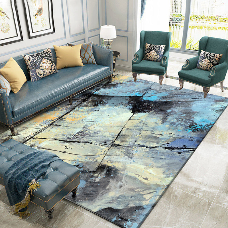 Rynx | Blue Bedroom Rug Modern Abstract Lines Splash Ink Pattern Area Rug Polyester Washable Carpet