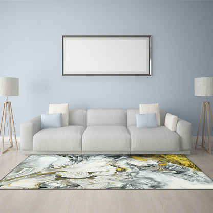 Rynx | Contemporary Modern Rug in White Abstract Paint Print Area Rug Polyester Washable Carpet for Bedroom