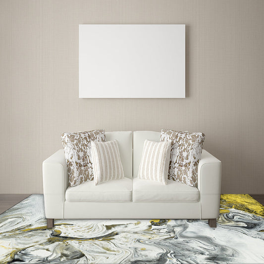 Rynx | Contemporary Modern Rug in White Abstract Paint Print Area Rug Polyester Washable Carpet for Bedroom