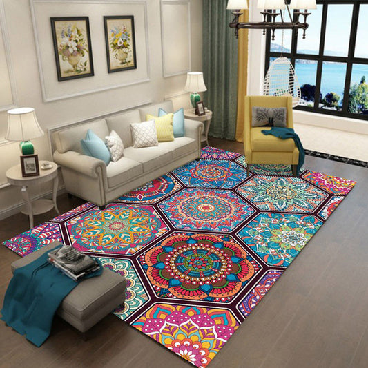 Rynx | Moroccan floral hexagonal print carpet multicolored polyester rug non-slip machine washable area rug for home decoration