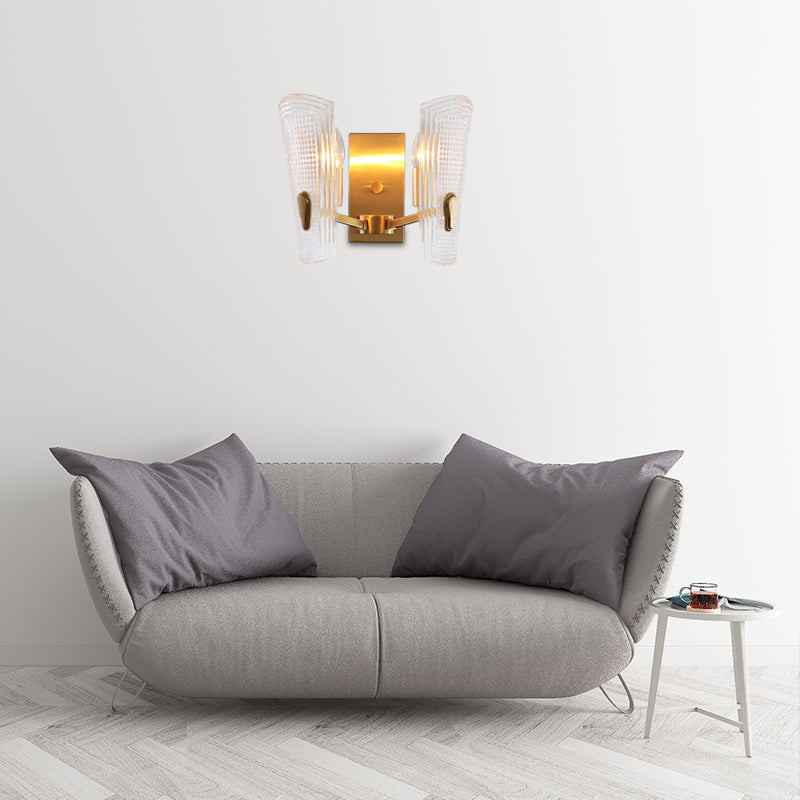 Rynx | Rectangular Back Plate Metal Wall Lamp Modern Gold 1/2-Head Wall Light with Clear Prismatic Glass Shade