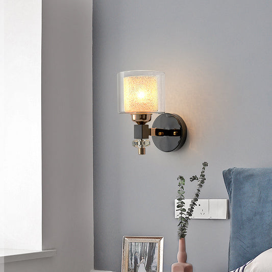 Rynx | Contemporary cylindrical wall mounted light metal and glass 1 light wall lamp in black for hallway