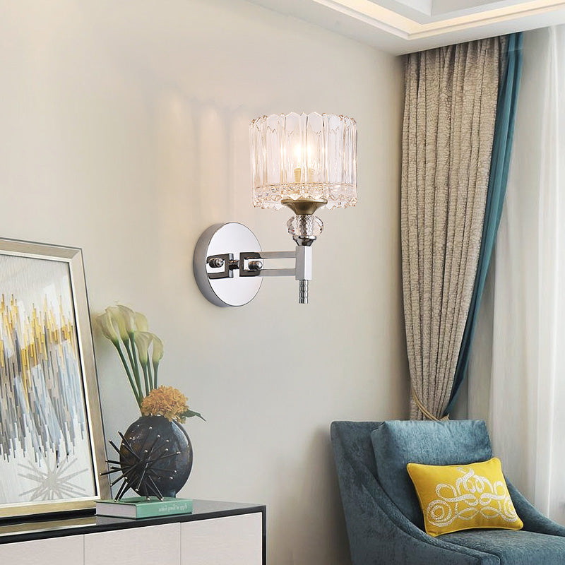 Rynx | 1 Bulb Cylindrical Wall Light Modernist Style Clear Glass Wall Light Sconce with Crystal Decoration in Chrome Finish