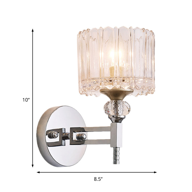 Rynx | 1 Bulb Cylindrical Wall Light Modernist Style Clear Glass Wall Light Sconce with Crystal Decoration in Chrome Finish