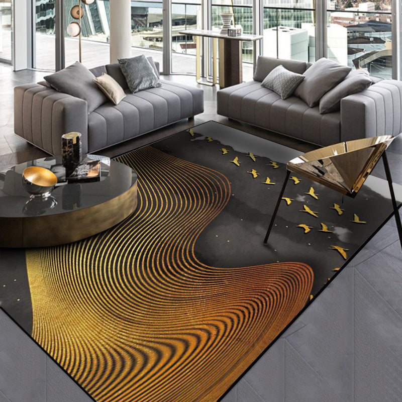 Rynx | Creative Swirl Lines Rug Black and Golden Novelty Rug Polyester Washable Non-Slip Backing Carpet for Living