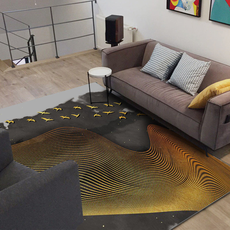 Rynx | Creative Swirl Lines Rug Black and Golden Novelty Rug Polyester Washable Non-Slip Backing Carpet for Living