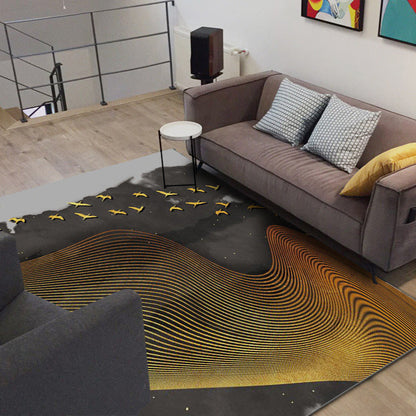 Rynx | Creative Swirl Lines Rug Black and Golden Novelty Rug Polyester Washable Non-Slip Backing Carpet for Living