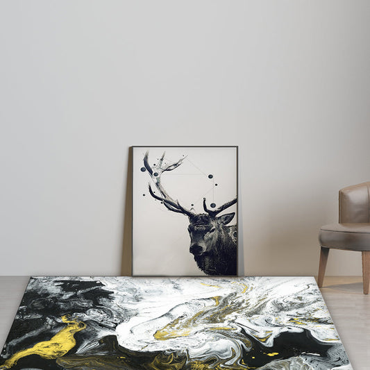 Rynx | Scandinavian Modern Rug in Black and White Abstract Paint Print Area Rug Polyester Washable Carpet for Home Decoration