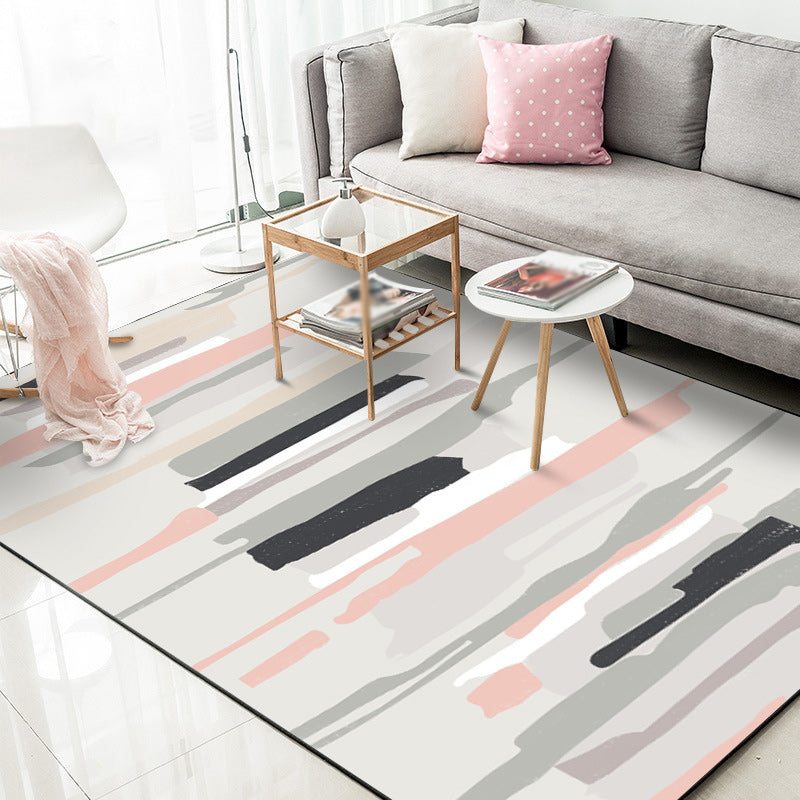 Rynx | Grey and Pink Simple Rug Polyester Watercolor Print Rug Machine Washable Anti-Slip Area Rug for Living Room