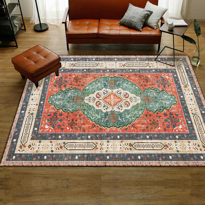 Rynx | Persian Moroccan rug with orange medallion flower pattern rug polyester washable non-slip rug for home decor
