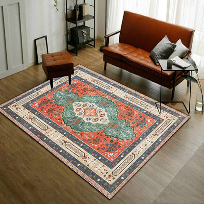 Rynx | Persian Moroccan rug with orange medallion flower pattern rug polyester washable non-slip rug for home decor