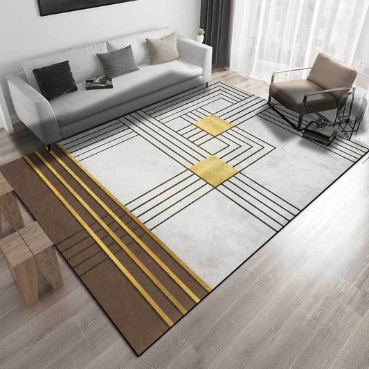Rynx | Grey and Brown Modern Rug Polyester Striped Pattern Rug Washable Non-Slip Backing Carpet for Living Room