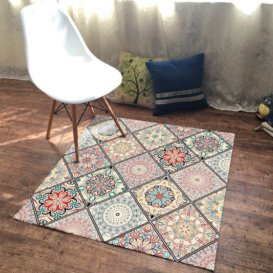 Rynx | Tribal Moroccan Rug Multicolor Square Flower Pattern Rug Polyester Anti-Slip Pet Friendly Carpet for Home Decoration