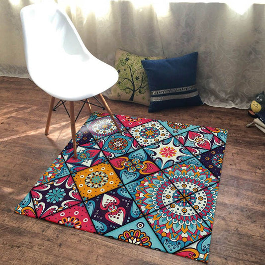 Rynx | Moroccan Living Room Rug Colorful Flowers Diamond Circle Print Rug Polyester Non-Slip Washable Area Rug