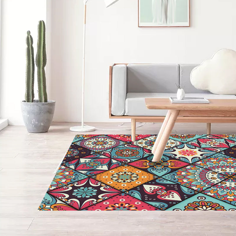 Rynx | Moroccan Living Room Rug Colorful Flowers Diamond Circle Print Rug Polyester Non-Slip Washable Area Rug
