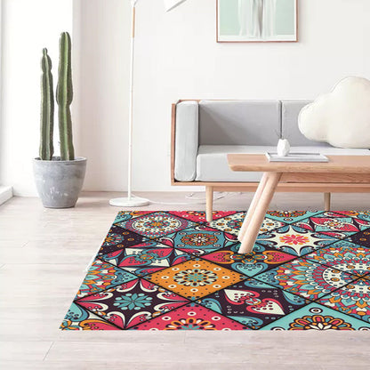Rynx | Moroccan Living Room Rug Colorful Flowers Diamond Circle Print Rug Polyester Non-Slip Washable Area Rug