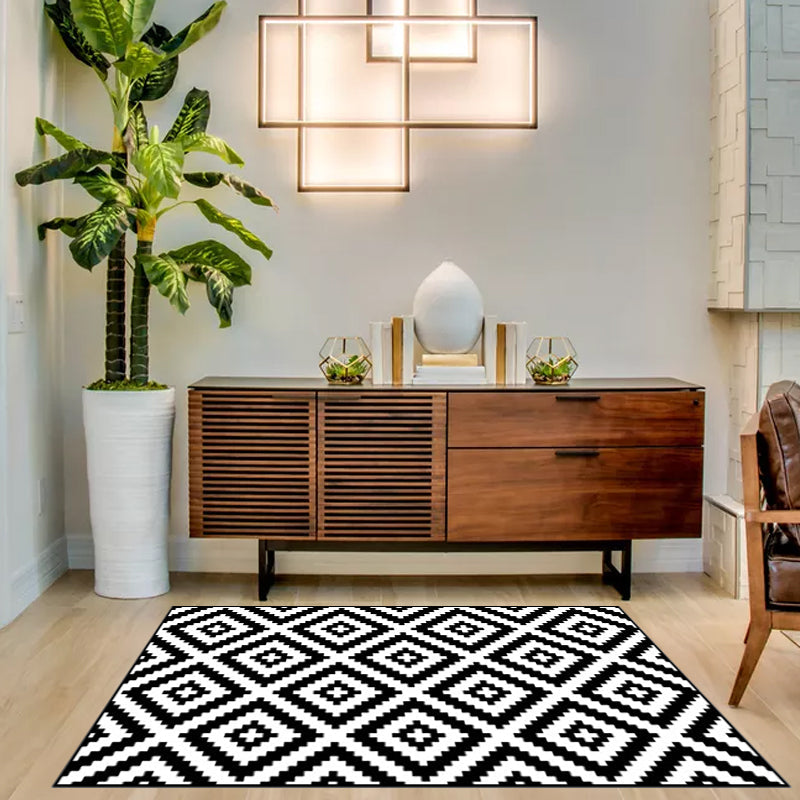 Rynx | Modern Living Room Rug in Black and White Diamond Wave Print Rug Polyester Washable Anti-Slip Area Rug