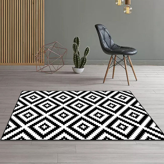Rynx | Modern Living Room Rug in Black and White Diamond Wave Print Rug Polyester Washable Anti-Slip Area Rug