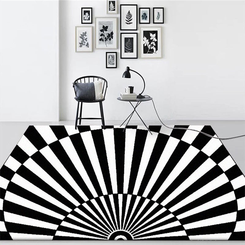 Rynx | Novelty Living Room Rug in Black and White 3D Half Circle Stripe Print Rug Polyester Pet Friendly Washable Area Rug