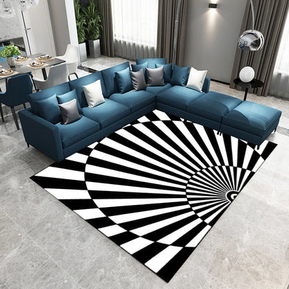 Rynx | Novelty Living Room Rug in Black and White 3D Half Circle Stripe Print Rug Polyester Pet Friendly Washable Area Rug