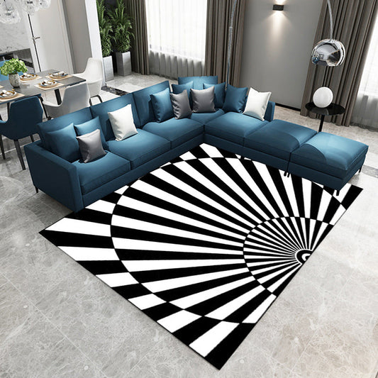 Rynx | Novelty Living Room Rug in Black and White 3D Half Circle Stripe Print Rug Polyester Pet Friendly Washable Area Rug