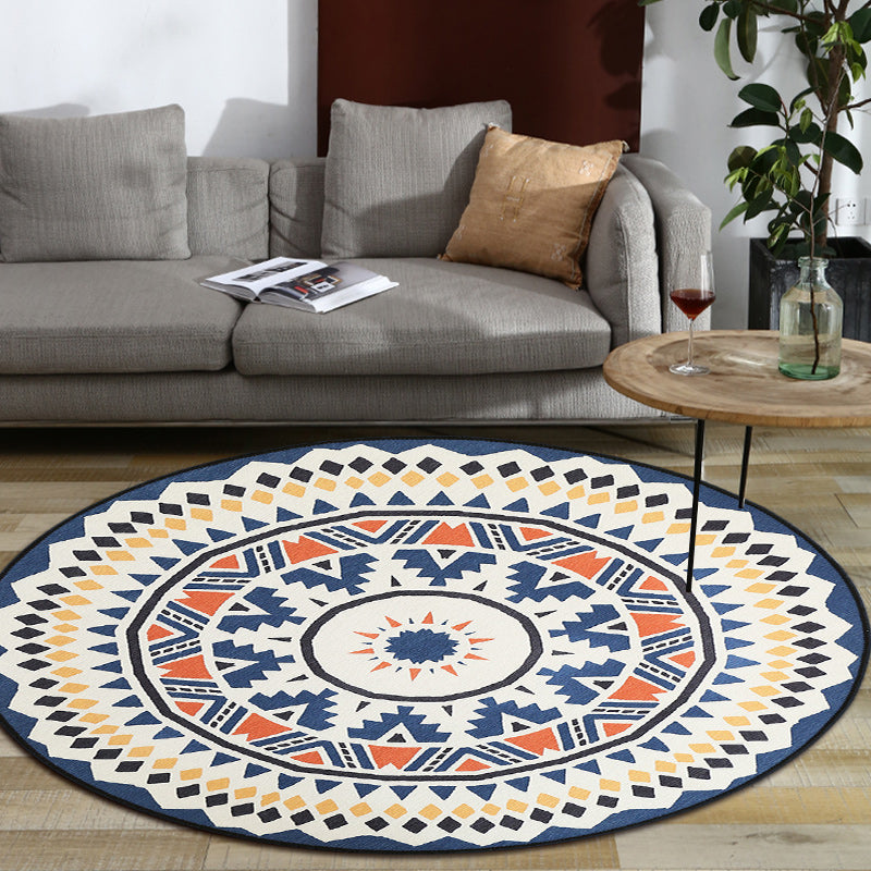 Rynx | Southwest Living Area Rug in Ivory Circle Diamond Triangle Print Rug Polyester Washable Non-Slip Rug