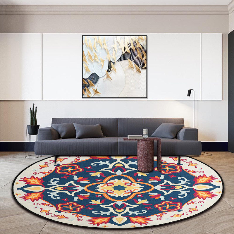 Rynx | Moroccan Living Room Rug in Blue Floral Motif Print Rug Polyester Machine Washable Area Rug