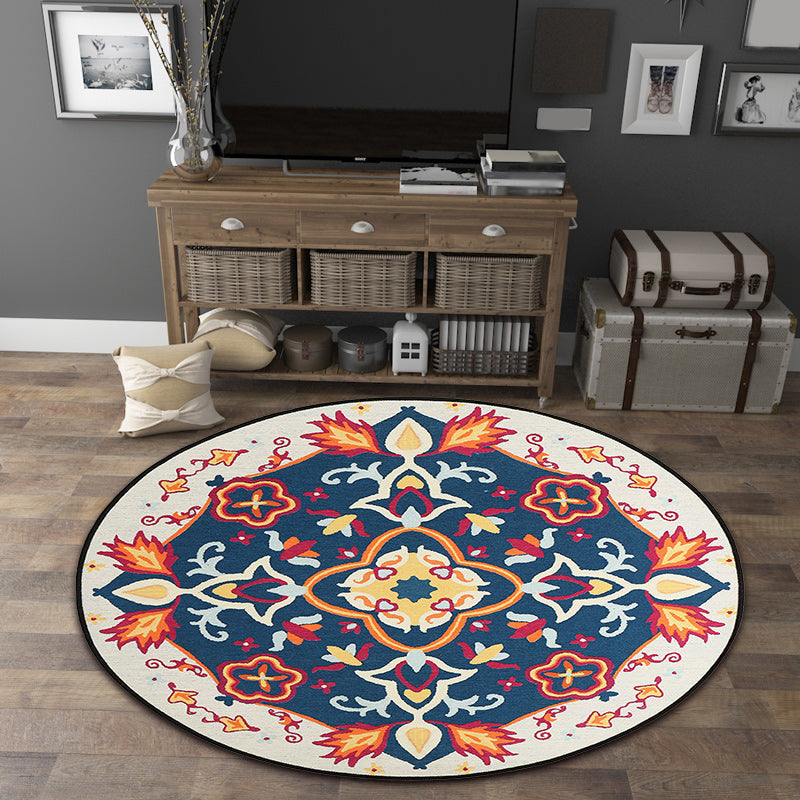 Rynx | Moroccan Living Room Rug in Blue Floral Motif Print Rug Polyester Machine Washable Area Rug