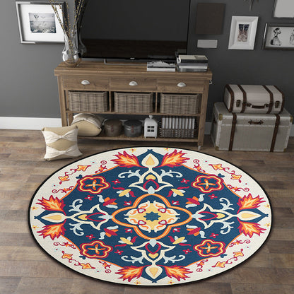 Rynx | Moroccan Living Room Rug in Blue Floral Motif Print Rug Polyester Machine Washable Area Rug