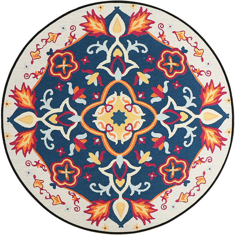 Rynx | Moroccan Living Room Rug in Blue Floral Motif Print Rug Polyester Machine Washable Area Rug