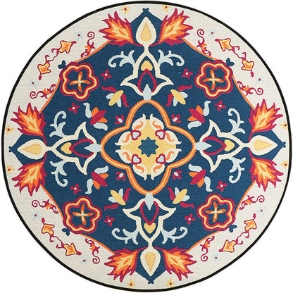 Rynx | Moroccan Living Room Rug in Blue Floral Motif Print Rug Polyester Machine Washable Area Rug