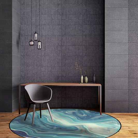 Rynx | Modern Living Room Rug in Blue Abstract Marble Print Rug Polyester Non-Slip Machine Washable Area Rug