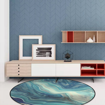Rynx | Modern Living Room Rug in Blue Abstract Marble Print Rug Polyester Non-Slip Machine Washable Area Rug