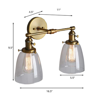 Rynx | Clear Glass Brass Wall Light Conical 2-Light Industrial Wall Lamp Light for Foyer