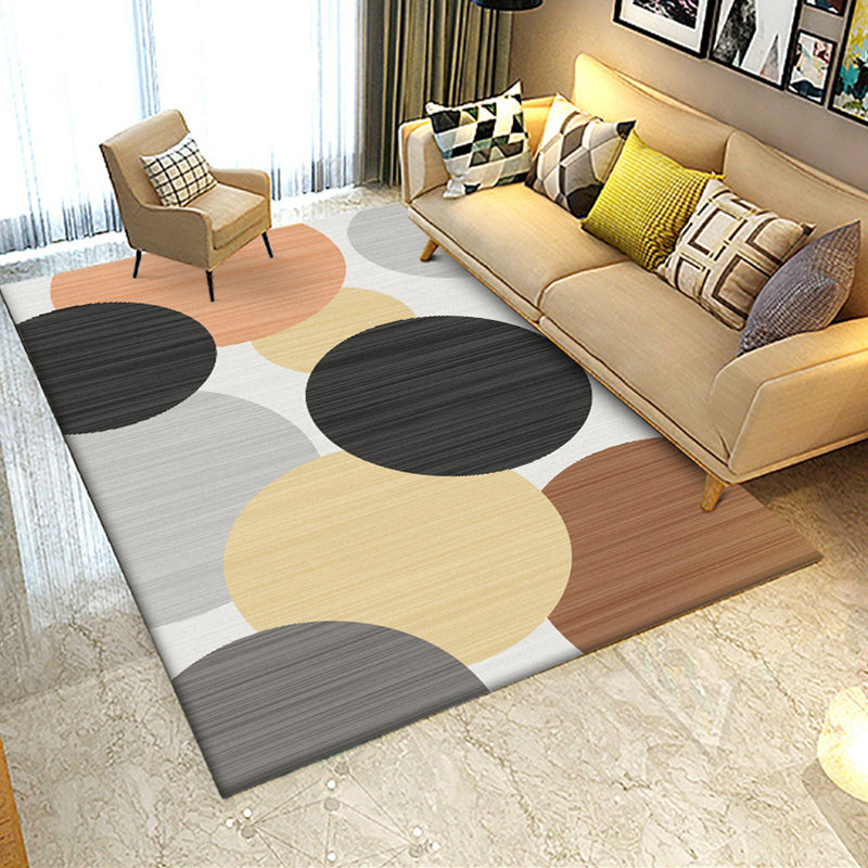 Rynx | Modern Living Room Rug in Ivory Color Block Circle Pinstripe Print Rug Polyester Machine Washable Area Rug